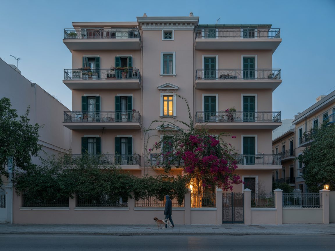 Neoclassical apartment building exterior in Anavyssos, East Attica at golden hour — Estia