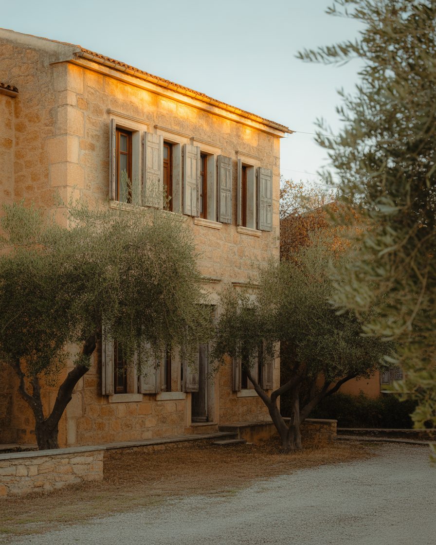 Shuttered Greek balcony at golden hour overlooking Cape Sounion, East Attica — Estia editorial