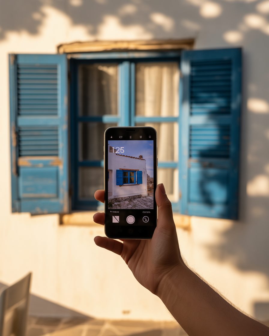 Shuttered Greek balcony at golden hour overlooking Kifisia, North Athens — Estia editorial