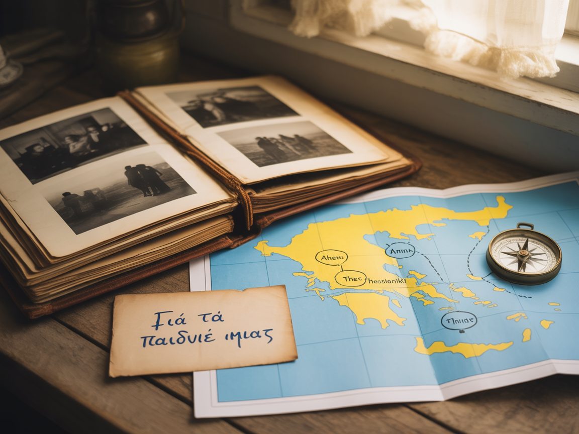 Family photo album and map of Greece on a kitchen table — multigenerational property
