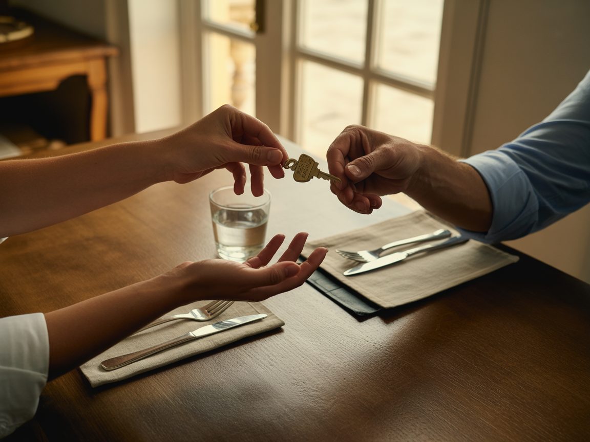 Two professionals shaking hands at a Greek café table in Athens, Plaka — founder-led property care