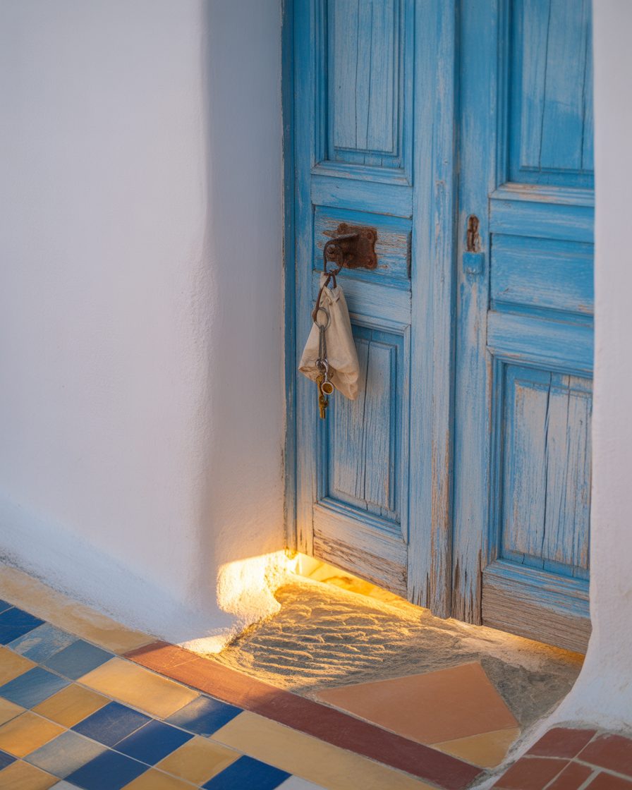 Brass house key on a leather fob — single keyholder model for Athens, Koukaki properties