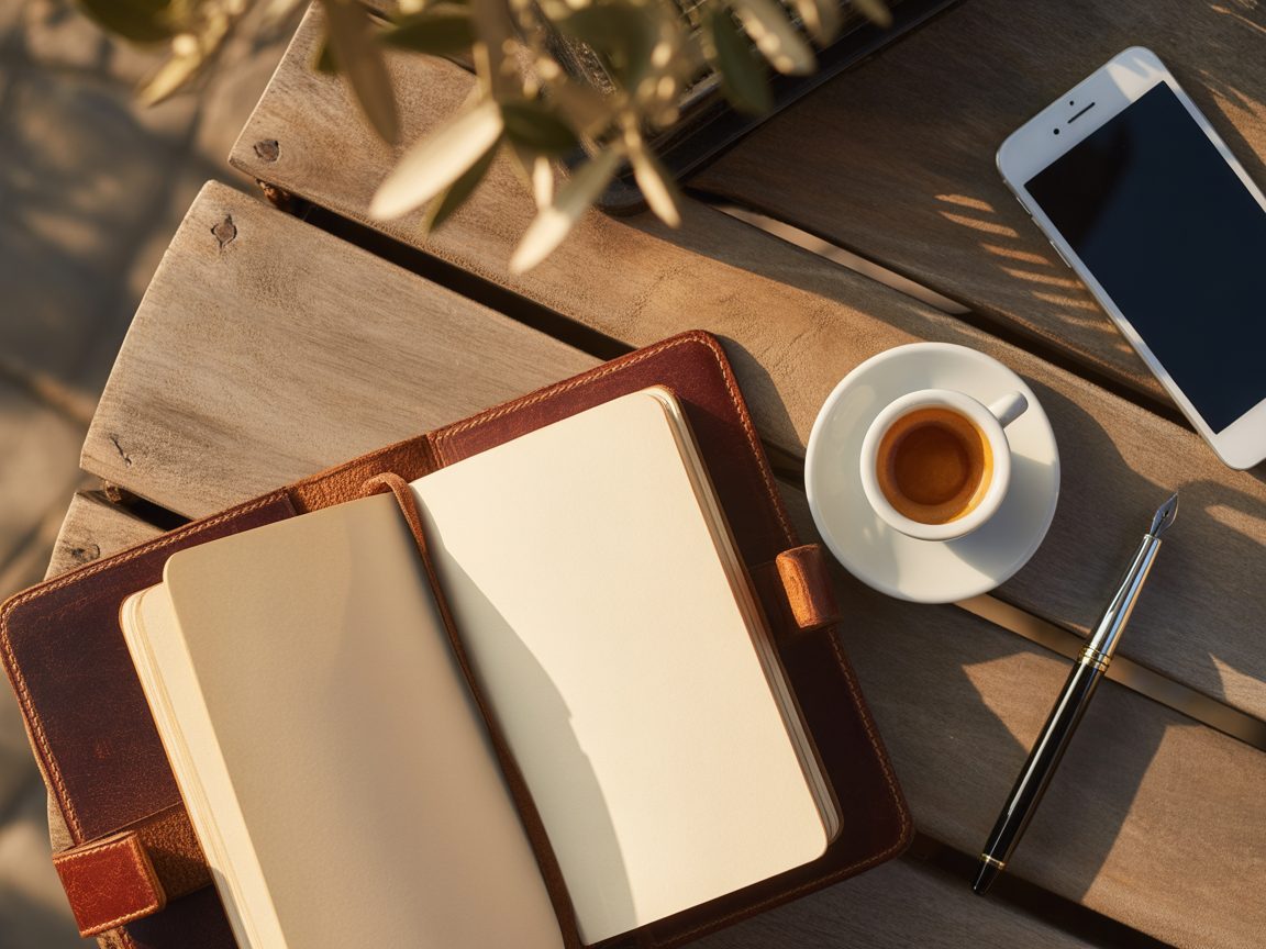 Founder of Estia writing in a leather notebook on a Kallithea, South Athens café table