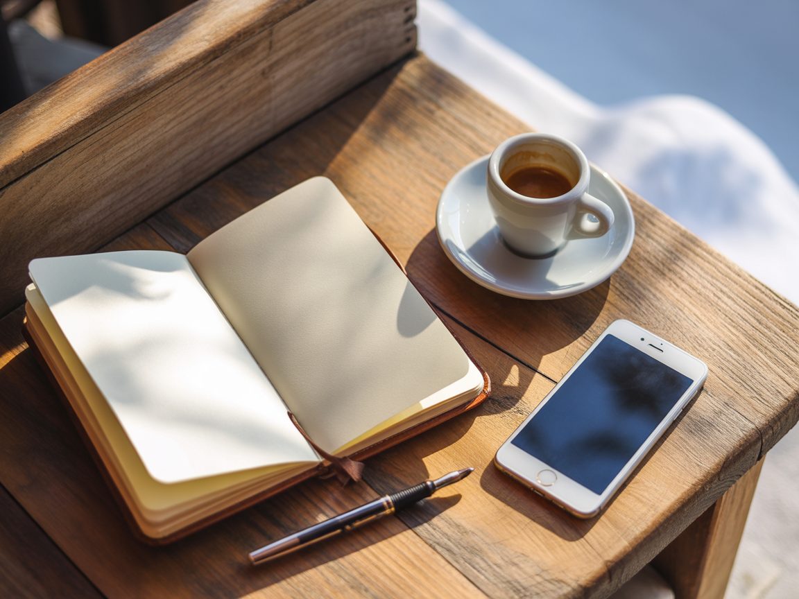 Founder of Estia writing in a leather notebook on a Athens, Plaka café table
