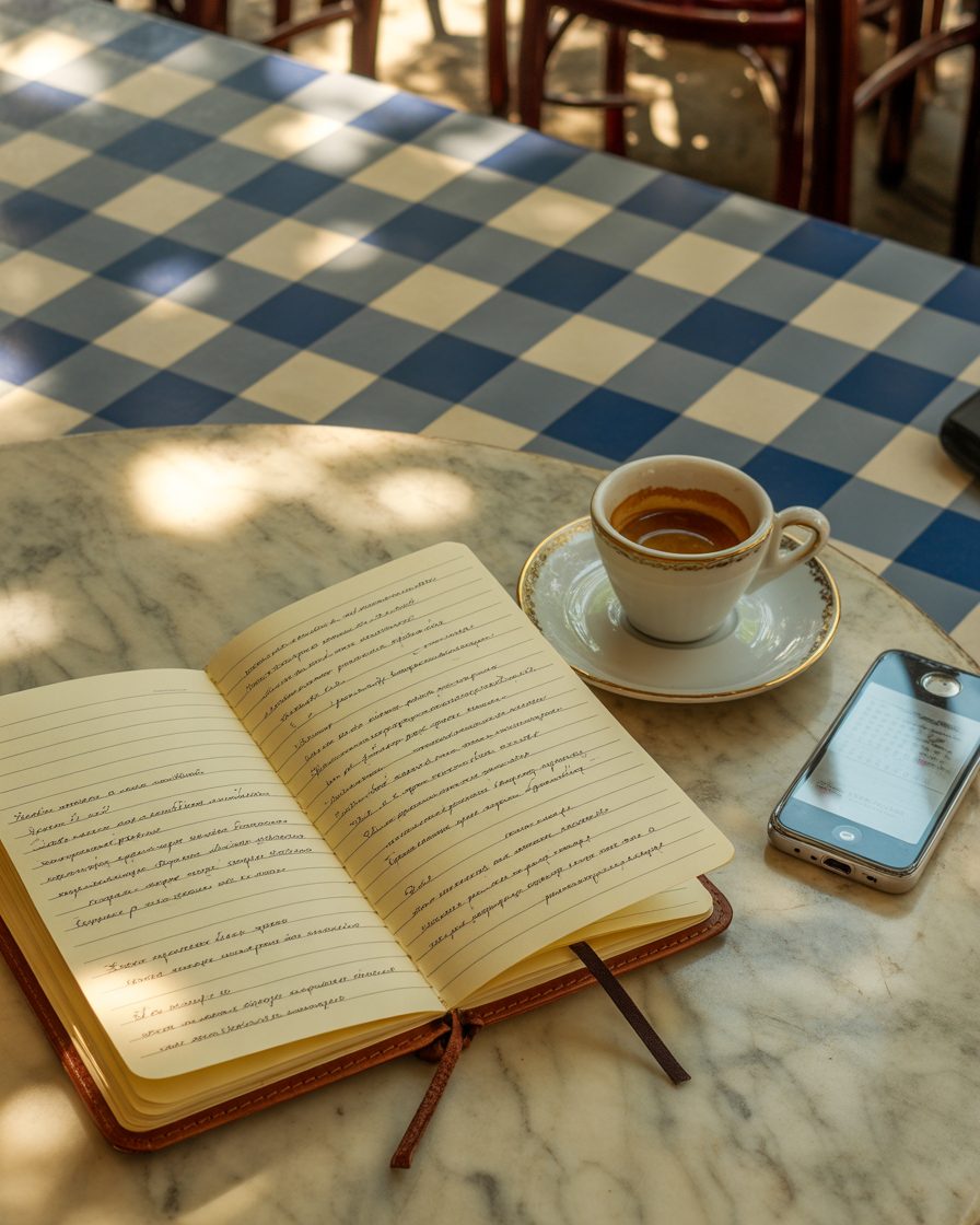 Leather-bound notebook open on a sunlit Athens café table beside an espresso and a Greek mobile phone — founder workspace, Estia