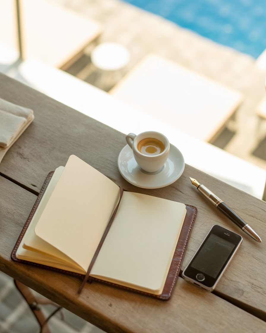 Founder of Estia writing in a leather notebook on a Halandri, North Athens café table