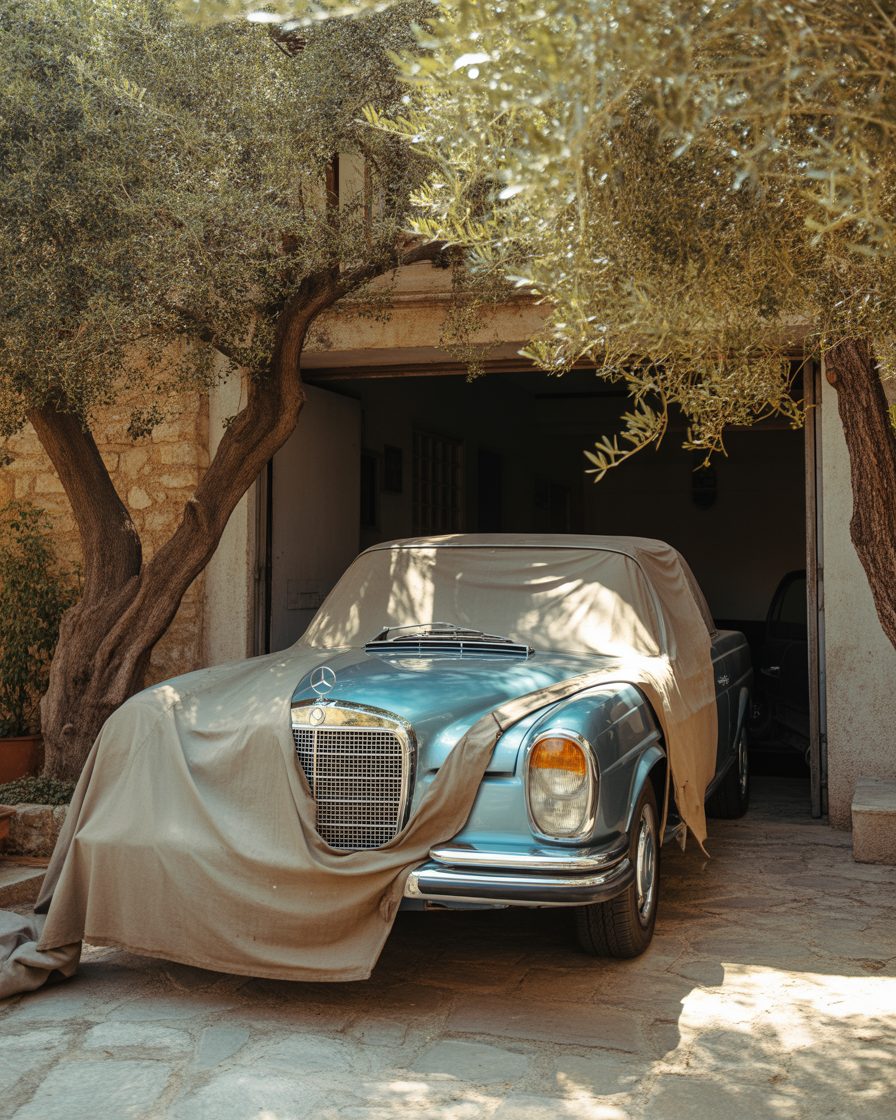 Vintage car under a dust sheet in a Athens, Mets garage — Estia vehicle care